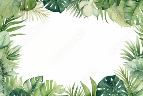 Continuous watercolor border featuring lush palm leaves and monstera. Generative AI