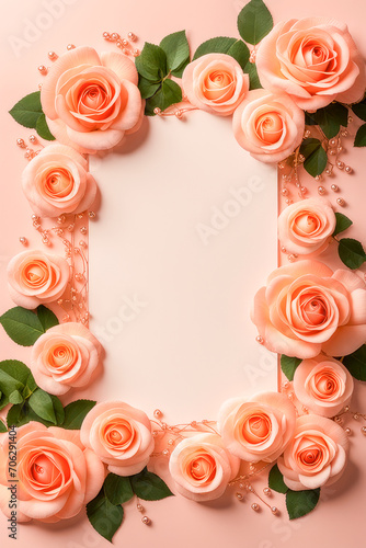 Frame is made of flowers on the background in color of the year 2024 peach fuzz. Mother's day, Valentines Day, Birthday,Wedding celebration concept. Greeting card. Copy space © I.H