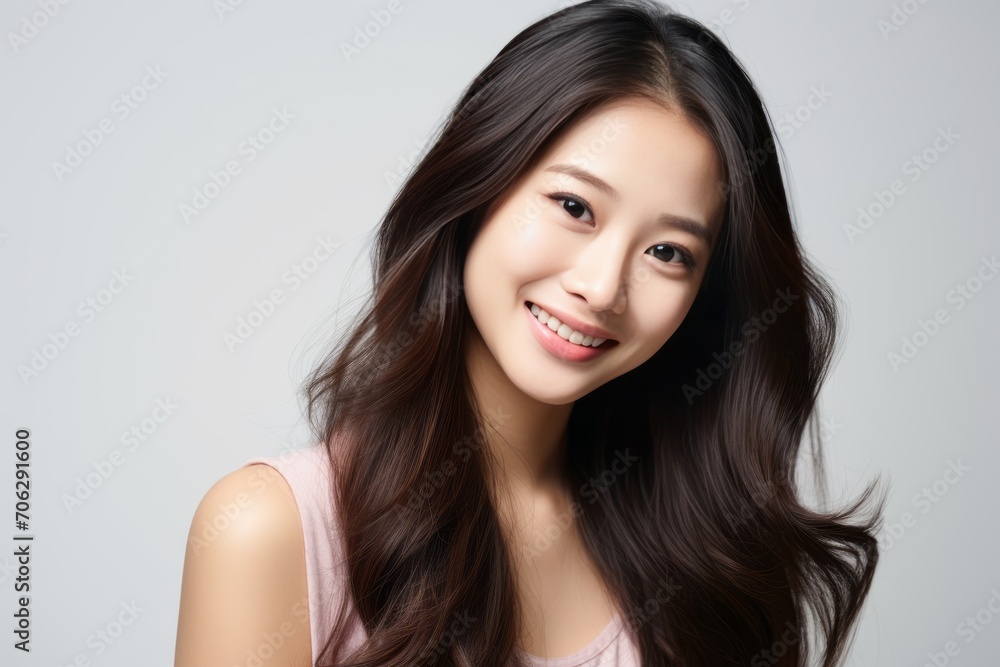 Portrait of a smiling confident Asian woman in a casual white singlet on white background Portrait of a smiling confident Asian woman in a casual white singlet on white background