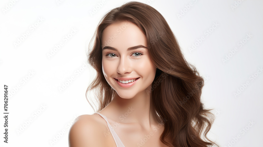 Portrait of a smiling confident woman in a casual white singlet on white background Portrait of a smiling confident woman in a casual white singlet on white background