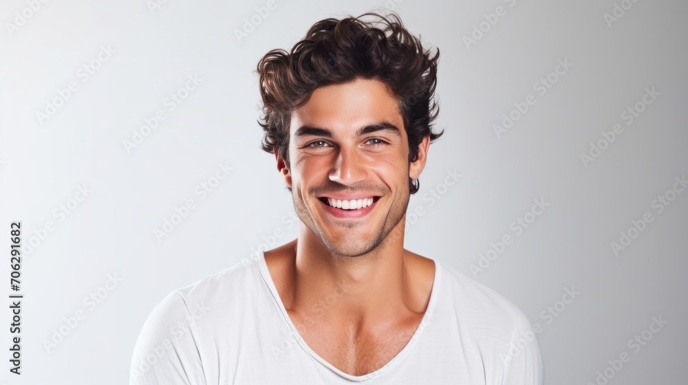 Portrait of a happy young man with smile wearing casual white t-shirt standing over white background Portrait of a happy young man with smile wearing casual white t-shirt standing over white background