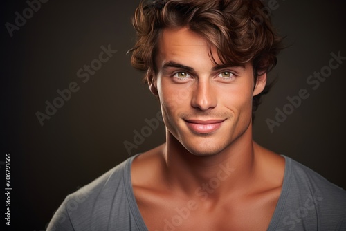 Portrait of a happy young man with smile wearing casual t-shirt standing over black background