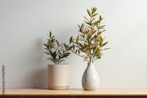 Stylish table with houseplant near white wall