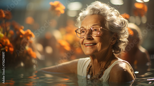 Elderly women enjoying aqua class.