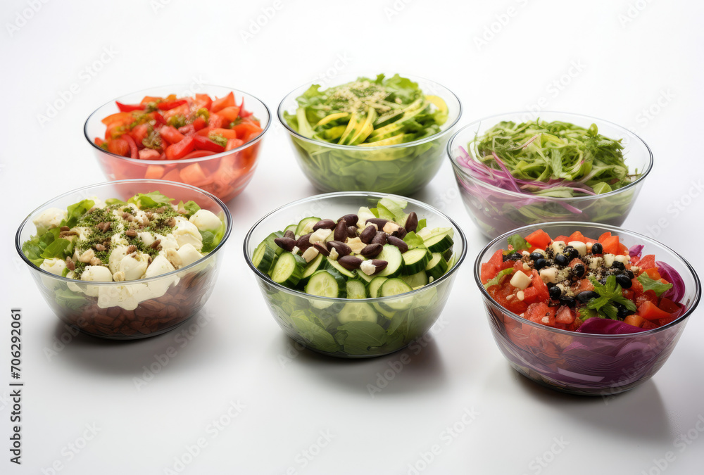 Various Fresh Salads Served in a Group of Bowls