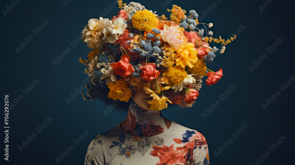 A woman with her head covered with spring flowers.