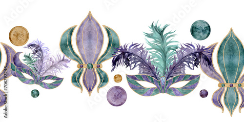 Hand drawn watercolor Mardi Gras carnival symbols. Theater masquerade mask feathers, fleur de lis French lily iris beads. Seamless banner isolated on white background. Party invitation, print, shop photo
