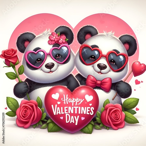 a couple of cartoon PANDA with heart shaped sunglasses holding a rose    Happy Valentines Day    hearts