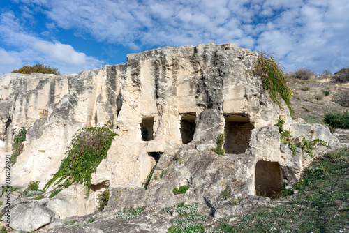 Necropolis of Tuvixeddu Park, the largest Punic necropolis still in existence. Carthaginian shaft tombs, used from the 6th to the 3rd century BC, then reused in Roman times. Cagliari, Sardinia, Italy