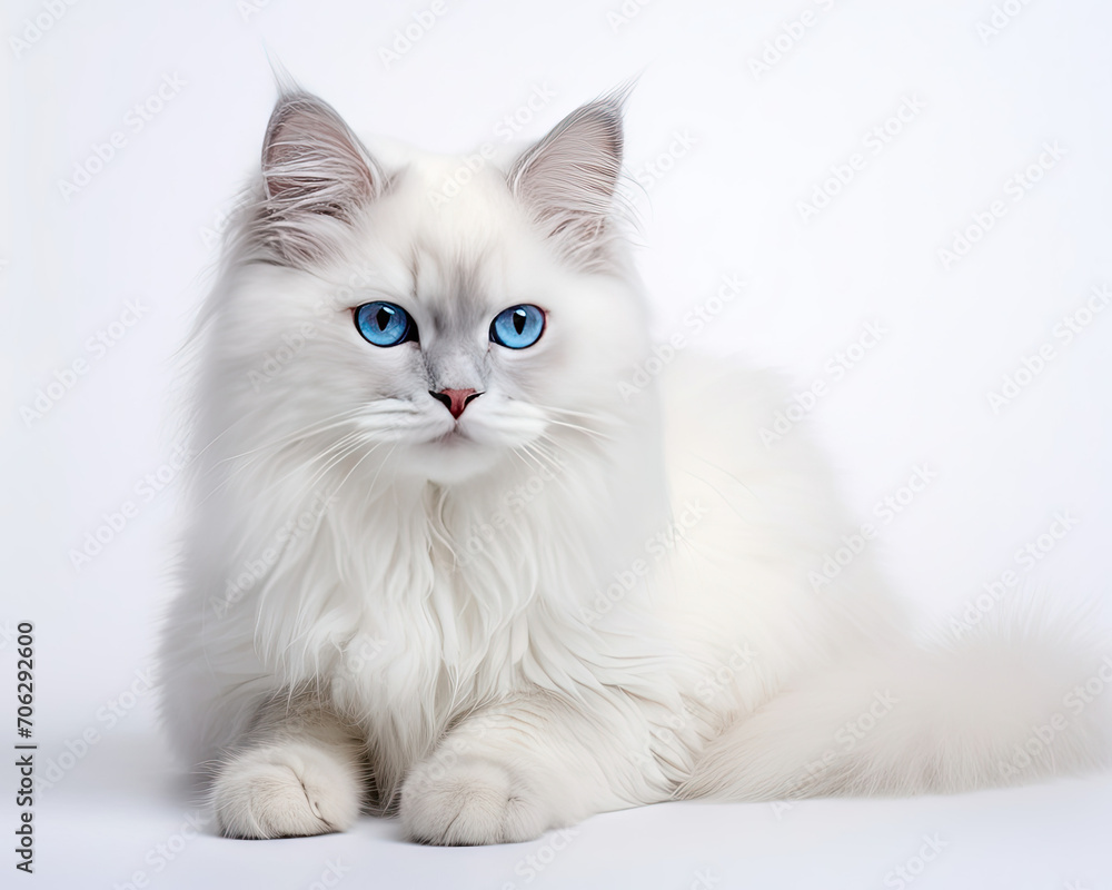White Cat With Blue Eyes Laying Down, Calm, Serene, and Graceful Feline Resting Peacefully
