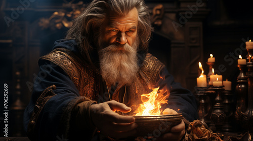 Magic man holding a fire.