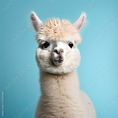 Close Up of Llama With Blue Background © Piotr
