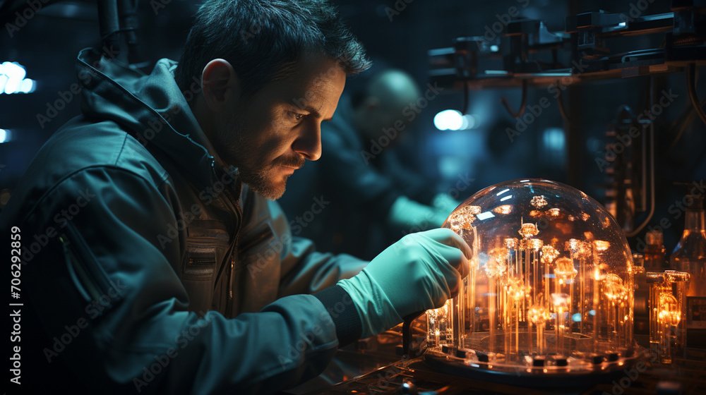 Man working with nitrogen from cryogenic tank at laboratory. Man working with nitrogen from cryogenic tank at laboratory.
