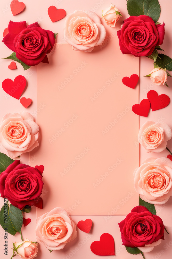 Frame is made of flowers on the background in color of the year 2024 peach fuzz. Mother's day, Valentines Day, Birthday,Wedding celebration concept. Greeting card. Copy space