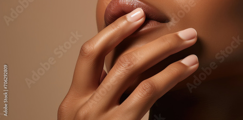 Close Up of Womans Face With Hand on Lip Revealing Deep Thought or Surprise Expression