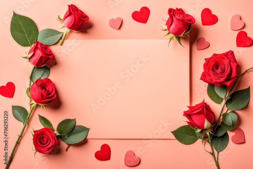 Frame is made of flowers on the background in color of the year 2024 peach fuzz. Mother's day, Valentines Day, Birthday,Wedding celebration concept. Greeting card. Copy space