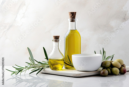 Olive Oil and Olives on Marble Board, Fresh Ingredients for a Mediterranean Delight