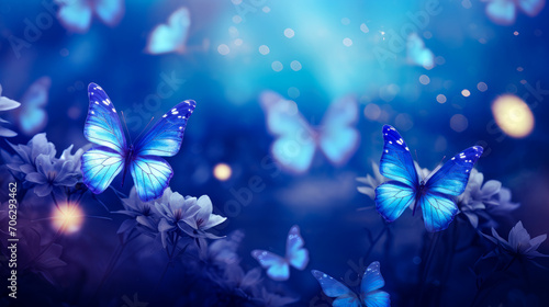 Abstract natural spring background with butterflies and light blue dark meadow flowers closeup.