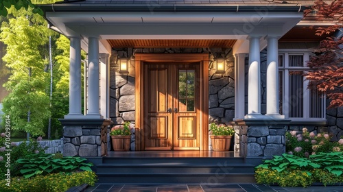 Georgian Style Home Entrance. Wooden Front Door with Gabled Porch and Stone Cladding. Exterior of Luxurious Country House with Columns. © AIGen