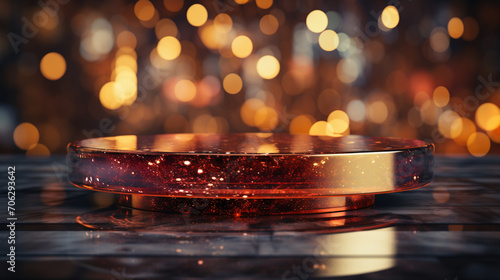 Red podium for advertise on bokeh background.