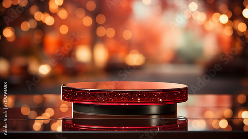 Red podium for advertise on bokeh background.