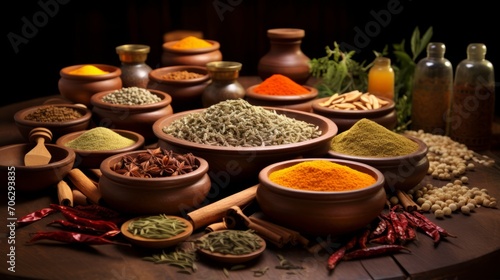AI illustration of a variety of spices displayed in bowls.