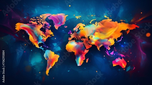 AI illustration of a world map, featuring a variety of vibrant colors.