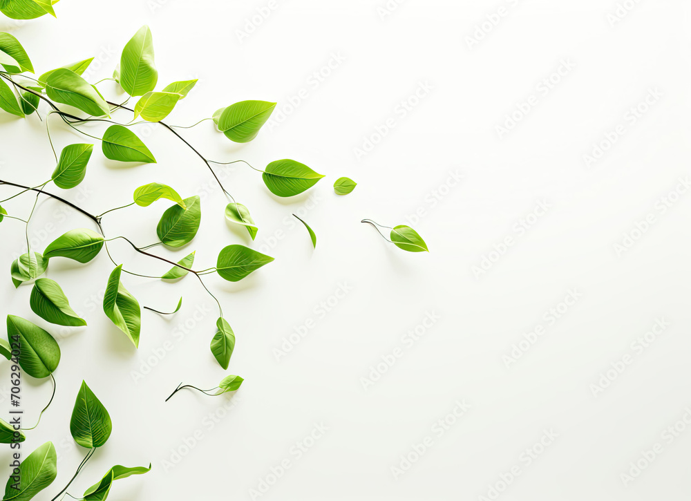 Green Leaves on White Background, Close-up of a Branch Green Leaves on White Background, Close-up of a Branch