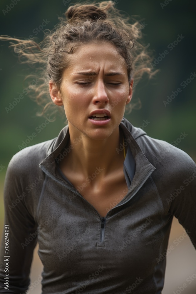 A female runner feels tired and sweaty after working out