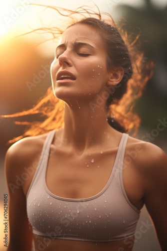 A female runner feels tired and sweaty after working out