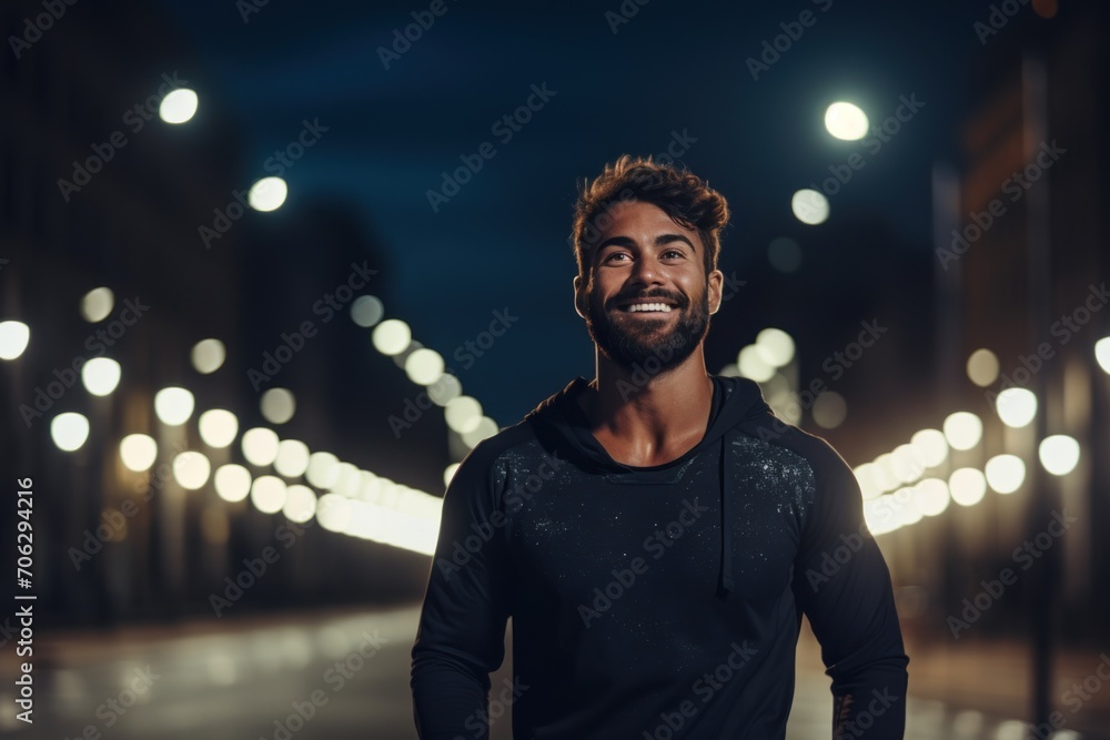 A male runner jogging at night on a city street with street lights with night exercise concept. A male runner jogging at night on a city street with street lights with night exercise concept.