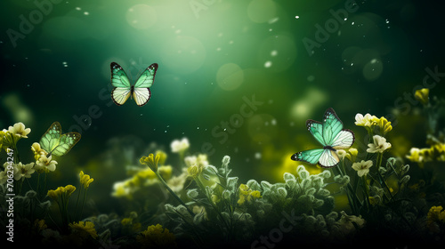 Abstract natural spring background with butterflies and dark green marsh meadow flowers closeup. © ALA