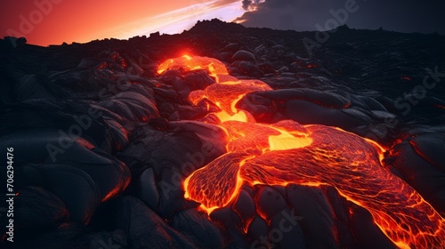 AI illustration of rocky lava formations scattered across the terrain.