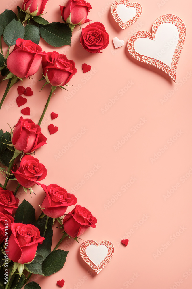 Red roses in color of the year 2024 peach fuzz. Mother's day, Valentines Day, Birthday,Wedding celebration concept. Greeting card. Copy space