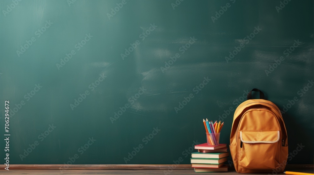 School bag with books and school stuff in the board. Back to school concept background with copyspace, place for text. School bag with books and school stuff in the board. Back to school concept background with copyspace, place for text.