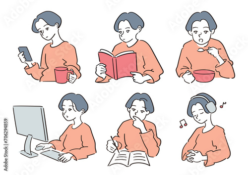 人物のイラスト素材セット。仕事や生活をテーマにした挿絵。働く、休む、勉強する、食べるなど。