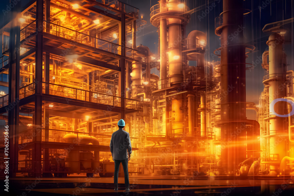 Industry engineer merges with factory backdrop through double exposure, highlighting machinery, system control,  synergy of business and smart industry technology. Generative AI.