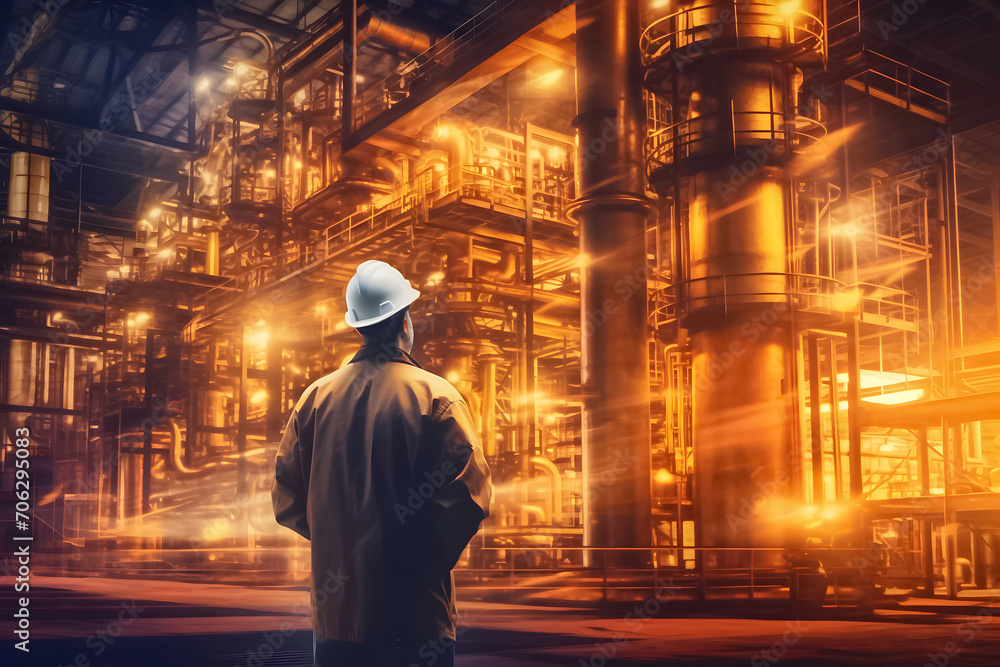 Industry engineer merges with factory backdrop through double exposure