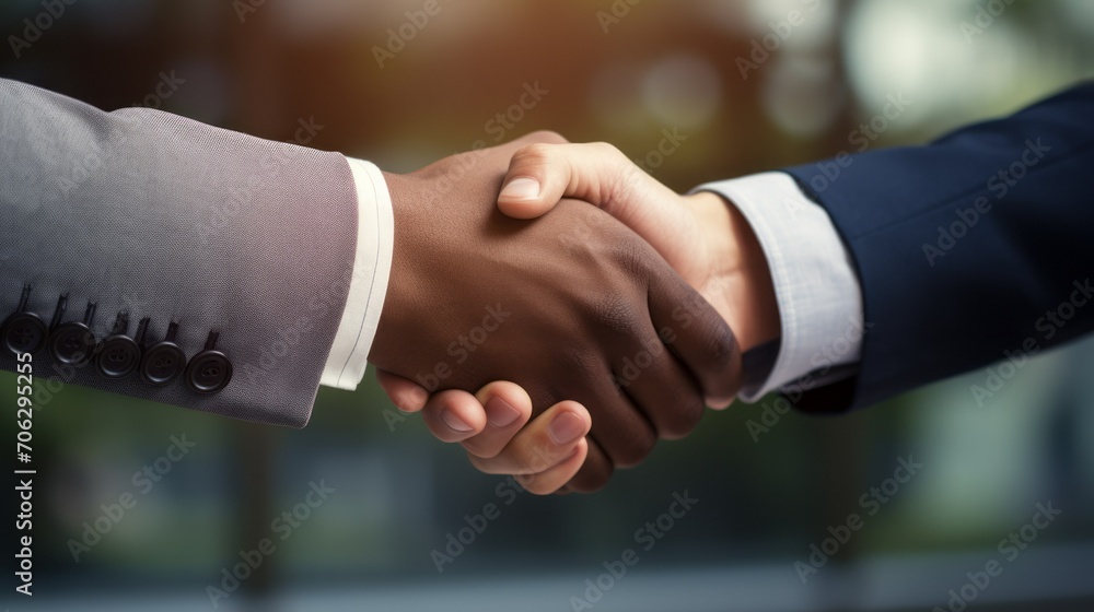 Close-up of a Caucasian and an African-American male businessman greeting, shaking hands after negotiations against the background of a business center in the city.