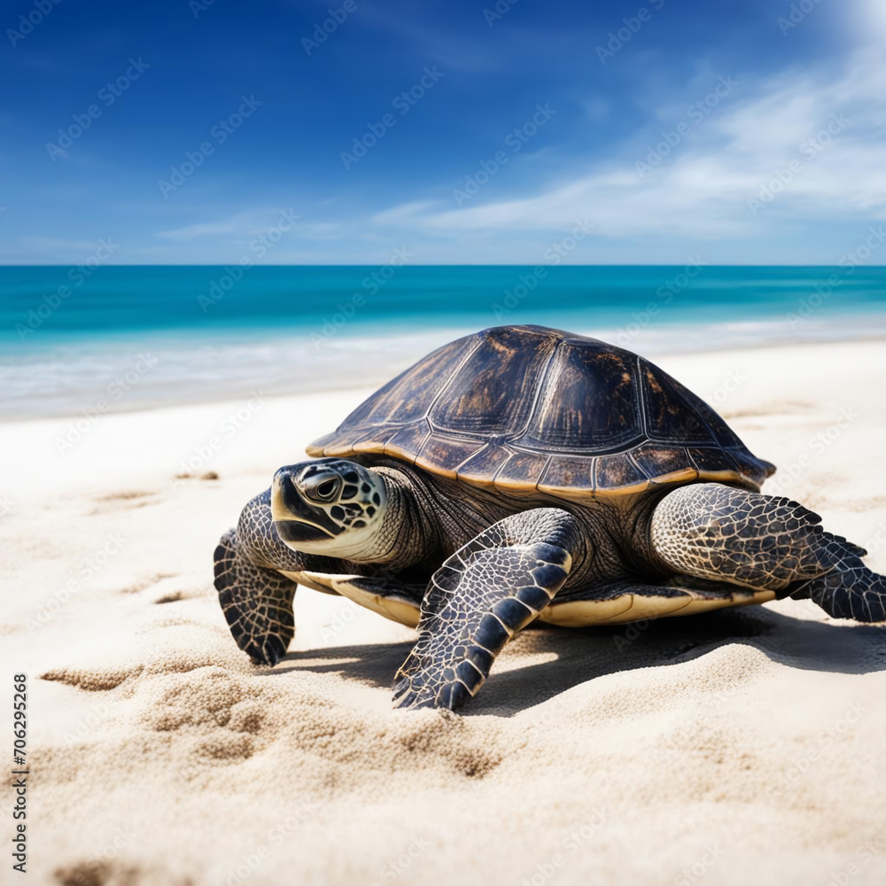 The turtle moves along the sandy beach.