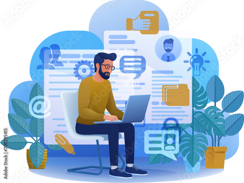 Man, person, remote working on laptop computer writing document possibly a resume or cv for online internet job search application recruitment agency website cartoon illustration.