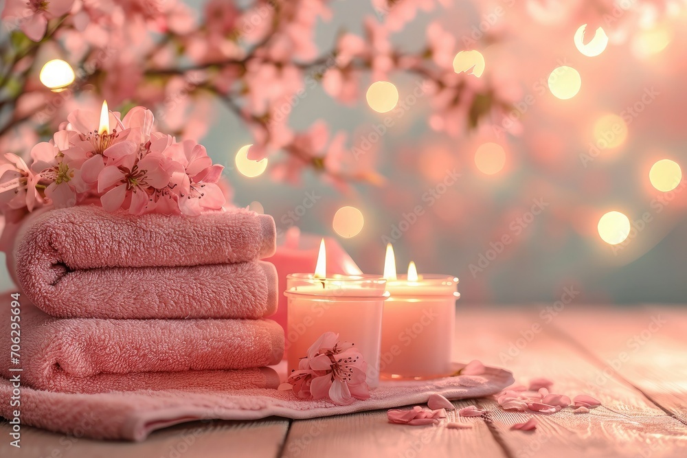 Stack of peach-colored towels with scented candles and sakura flowers. Aromatherapy and beauty. Concept of a spa, sanatorium or resort - obrazy, fototapety, plakaty 