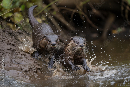 Family of River Otters on Riverbank Mud