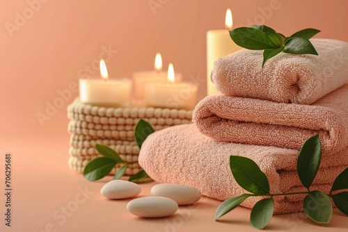 Stack of peach colored towels with scented candles. Aromatherapy and beauty. Conceptual set of harmony, massage, balance and meditation, spa, relaxation, beauty spa treatments