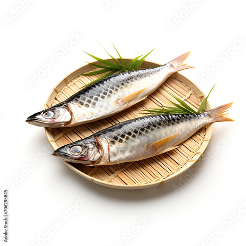 fresh raw two mackerel fish on a bamboo plate with transparent background created with Generative Ai