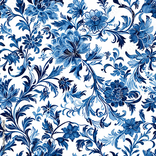 A detailed shot of a classic blue and white floral seamless pattern on fabric, perfect for elegant design backgrounds or textiles. 