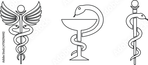 Caduceus snake icons Set in line Style. Medical center, pharmacy, hospital with popular symbols of medicine. Medical health care logos editable stock on transparent background. Rod of Asclepius signs.