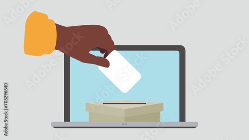 Vektor-Illustration von einer Person, die einen Stimmzettel in einer Wahlurne auf einem Laptop wirft und so ihre Online-Stimme abgibt- Wahl oder soziale Umfrage Konzept