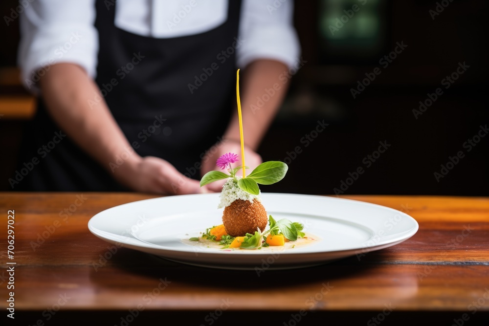chef garnishing arancini plate with basil leaves