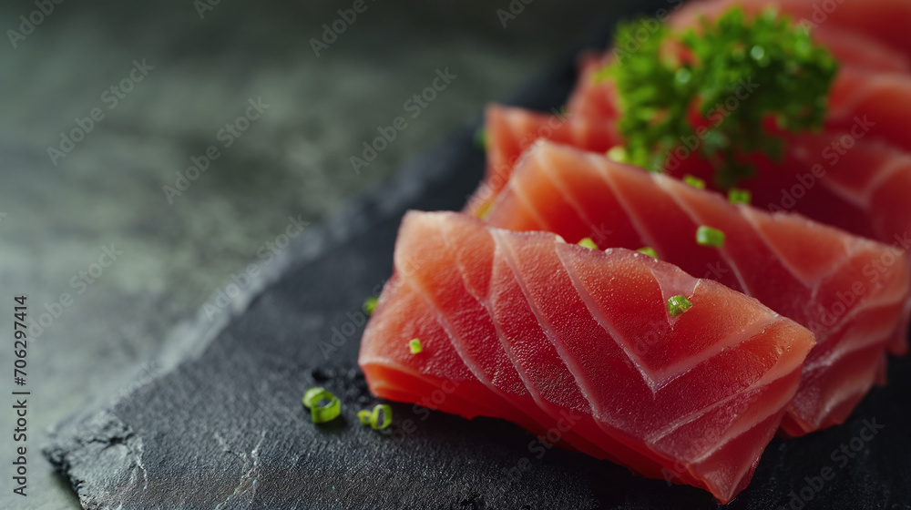 isolated,Tuna Sashimi on black plate,blank space for text 3 parts,blue background,black light blue white green blue black plate,World Tuna Day, Tuna Conservation, 2 May, Tuna,banner isolated,Tuna Sashimi on black plate,blank space for text 3 parts,blue background,black light blue white green blue black plate,World Tuna Day, Tuna Conservation, 2 May, Tuna,banner